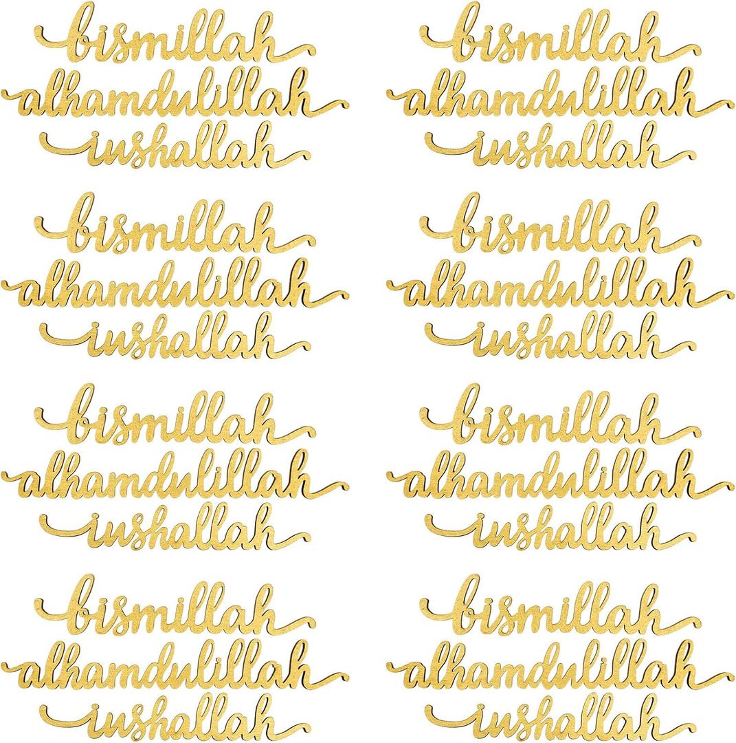 Qunclay 24 Pcs Ramadan Decorations for Table Wooden Islamic Decor Mubarak Plate Setting Plate Sign Bismillah Inshallah Alhamdulillah Sign Wooden Letter Eid Tabletop Sign for Home Decor (Gold)