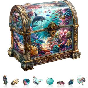 Wooden Puzzles for Adults, Treasure Chest Ocean Wooden Jigsaw Puzzle Unique Shape Animal Wood Puzzles Adult 3D Visual Effect, Birthday Gifts for Puzzle Lovers Family Games (M-11.4 * 11in-190pcs)