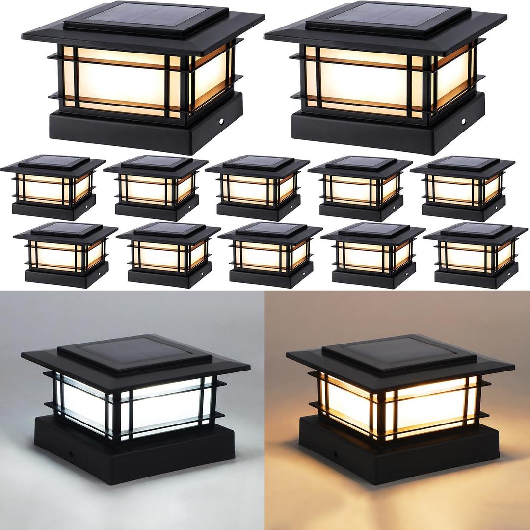 Dynaming 4x4 Solar Post Cap Lights Outdoor with 2 Color Modes, Fence Post Solar Lights Black Shell Fit for Vinyl/Wooden Posts, High Brightness SMD LED Lighting Decor for Garden Deck Patio, 12 Pack
