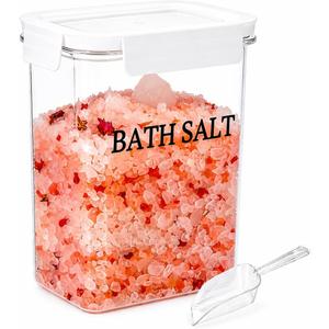 61 oz Bath Salt Jar, Plastic Bath Salt Container with Scoop, Airtight Storage with Locking Lids, Stackable Clear Canister for Epsom Salt, Bathtub Accessories