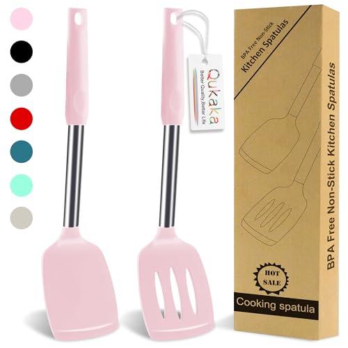 Qukaka 2 Pack Silicone Spatula Set,Solid & Slotted Spatulas Silicone Heat Resistant,Turner for Kitchen Use,Rubber Spatulas for Fish, Eggs, Pancakes, WOK, Kitchen Utensils Set