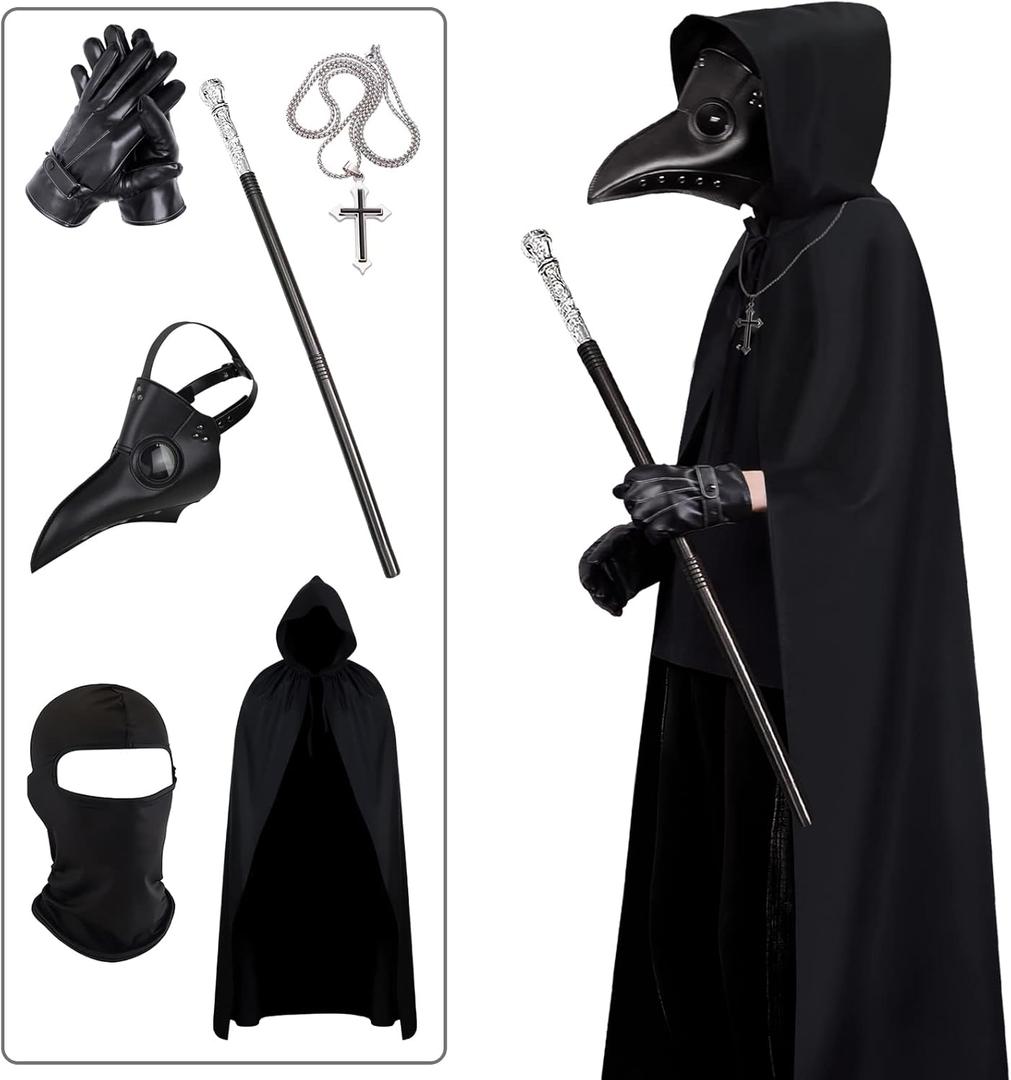 Halloween Plague Doctor Mask Steampunk Horror Scary Halloween Plague Doctor Mask Costume Props for Party Prom Gifts Set 6 in 1 for Men Women Kids (6 PCS)