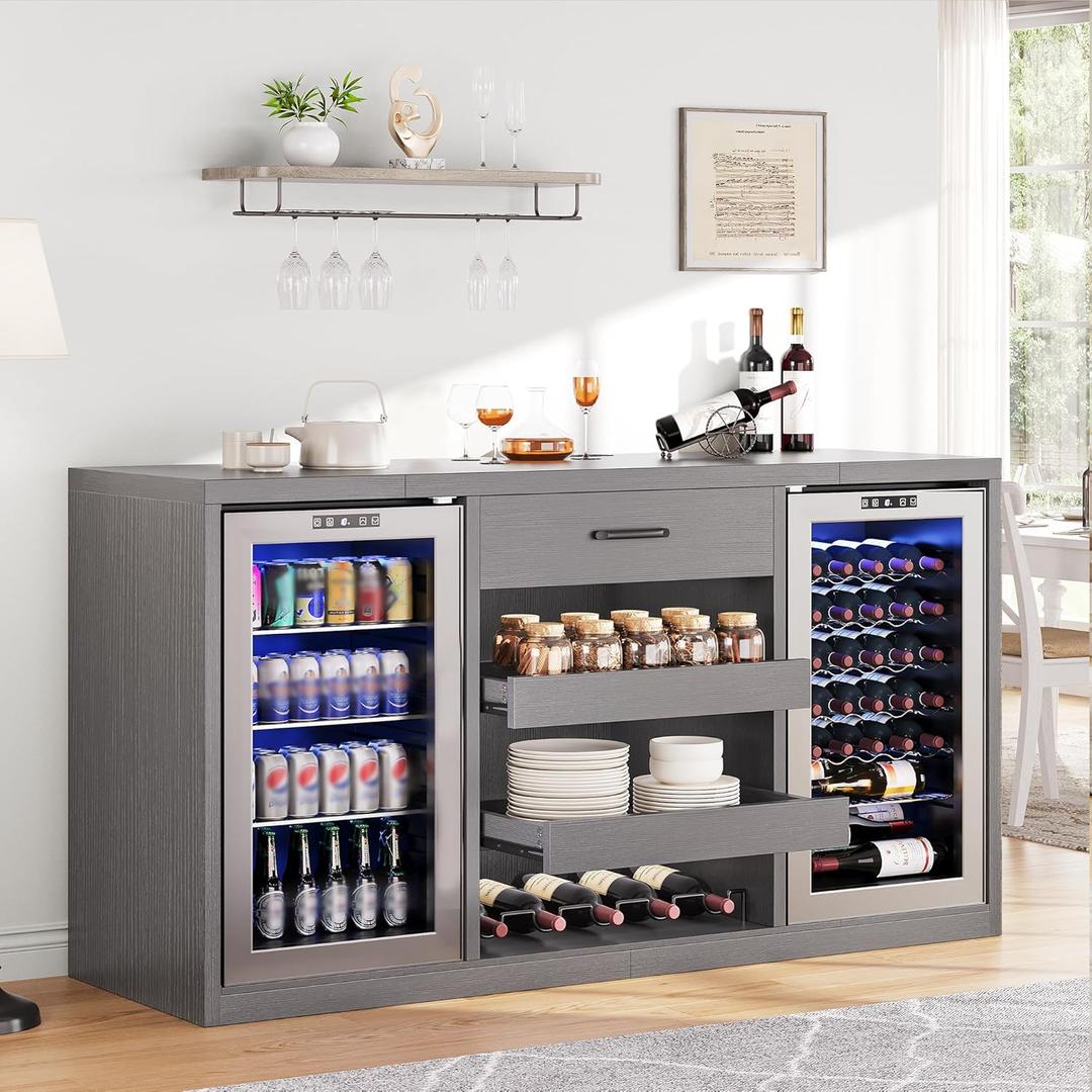 Large Coffee Bar Cabinet, Mini Fridge Cabinet with Power Outlets and Fridge Space, Farmhouse Design Liquor Cabinet for Kitchen and Dining Room, Black (63 inch)