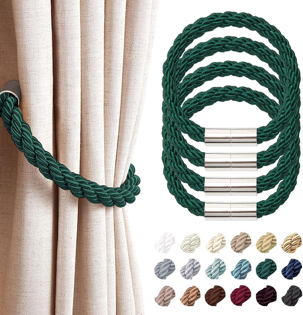 NICEEC 4 Pack Strong Magnetic Curtain Tiebacks Modern Simple Style Drape Tie Backs Convenient Decorative Weave Rope Curtain Holdbacks for Thin or Thick Home & Office Window Draperies (Green)