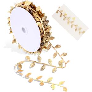 Gold Leaf Ribbon, 22 Yards Artificial Gold Leaves Trim Ribbon Garland for DIY Crafts Gift Wrapping Party Wedding Cake Home Baby Shower Hair Clothes Decorations