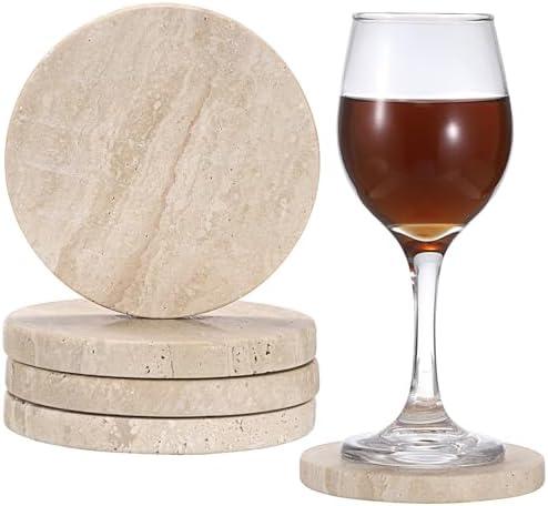 JUXYES Set of 3 Unique Travertine Coasters with Soft Mat, Natural Stone Coasters Round Marble Coaster for Drinks Coffee Tea, Personalized Vintage Coaster for Restaurant Bar Coffee Table, 4 Inches
