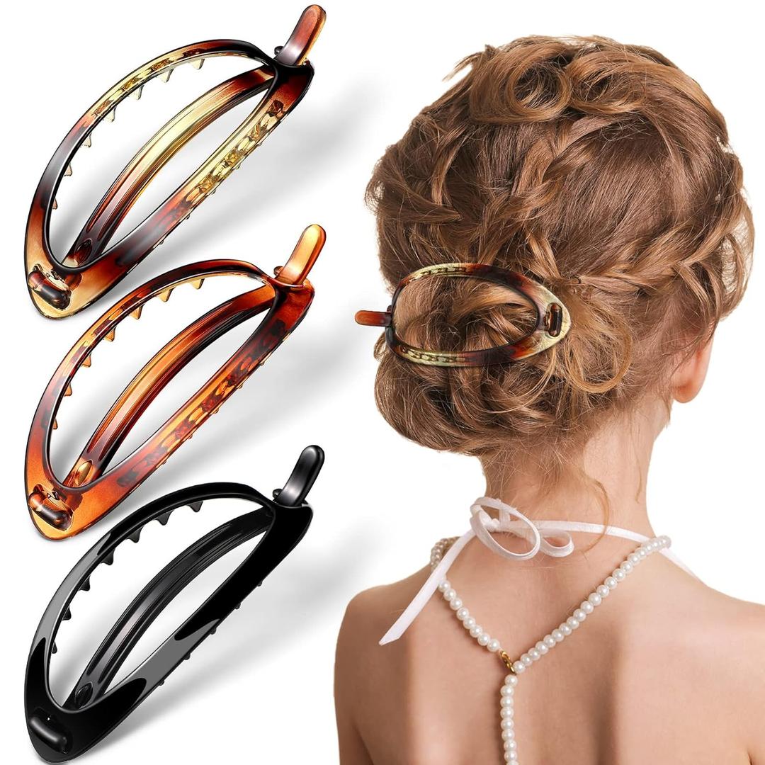 Yilloog 3 Pieces French Hair Barrette Clip French Clips Flexible Ponytail Holder Plain Strong Grip Closure Barrettes Styling No Metal Hair Accessories for Women Girls, 3 Colors (Oval Shape)