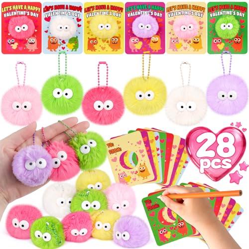 Amy&Benton 28 Packs Valentines Day Gifts for Kids Classroom with Valentine Stuffed Animal Keychain Valentines Cards for Girls Boys Exchange Gifts Mini Plush Toys Valentine Party Favors School Prizes