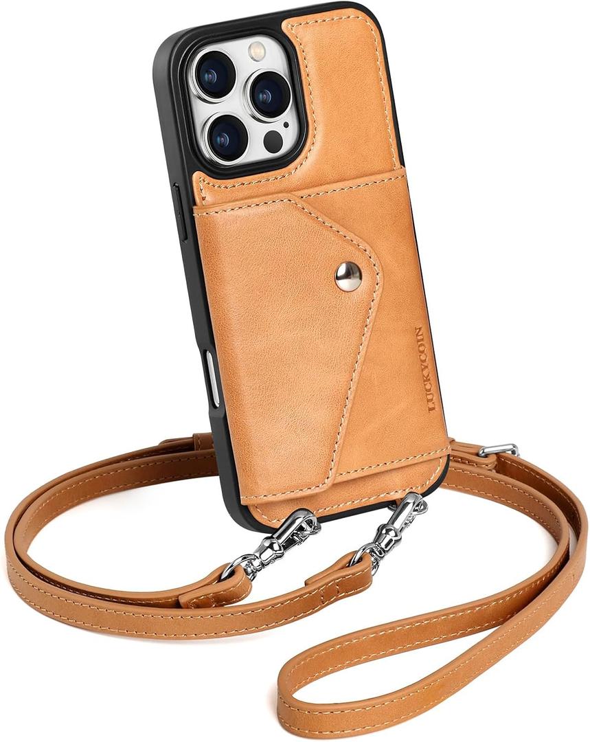 LUCKYCOIN Crossbody Phone Case for iPhone 16 Pro Max, Genuine Leather Wallet Case with Expandable Flip Card Holder, Tan Phone Purse for Women with Adjustable & Removable Strap, Travel/ Shopping/ Parties
