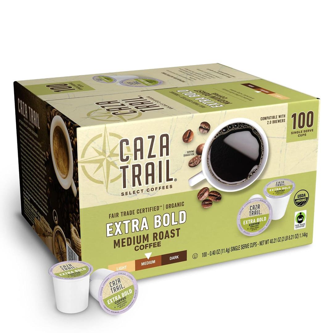 Caza Trail Coffee, Organic Extra Bold Medium Roast, 100 Single Serve Cups (EXP 08/22/27)
