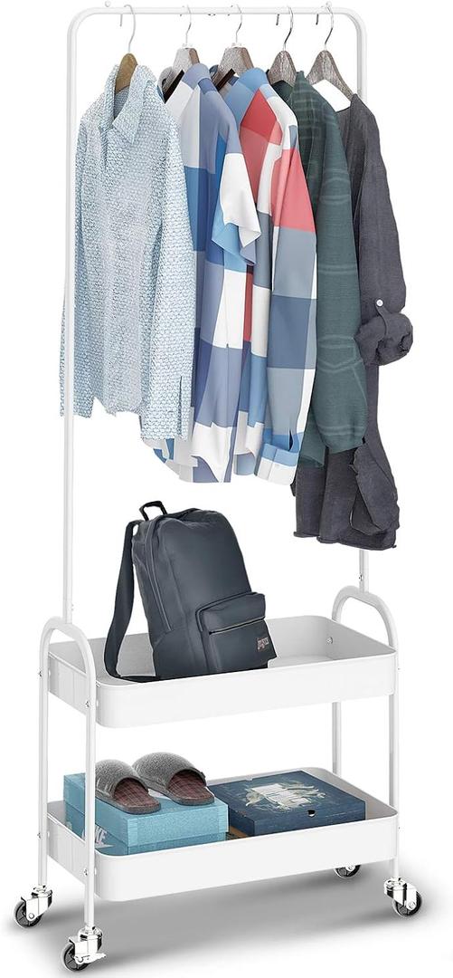 2-In 1 Garment Rack Clothing Rack With 2  Basket Rolling Storage Cart