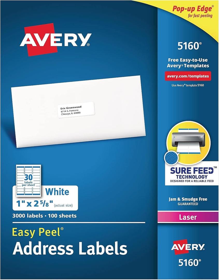 Avery Easy Peel White Mailing Labels for Laser Printers, 1 x 2.62 Inch, Box of 3000 (5160)