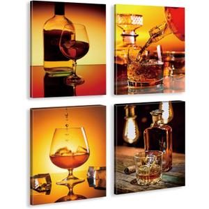 Framed Vintage Wine Whiskey Wall Art Prints, Wine Glass Whiskey Glass Still Life Canvas Posters for Kitchen Dining Room Bar Decoration, Men Cave Wall Decor, Set of 4-8x10 Inches (Colorful)