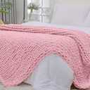 Bigacogo Chunky Knit Throw Blanket for Couch, 51x63 inches, 100% Hand Knitted with Thick Jumbo Chenille Yarn, Cozy Soft Large Rope Knot Cable Crochet Blankets for Sofa Bed Living Room, Blush Pink