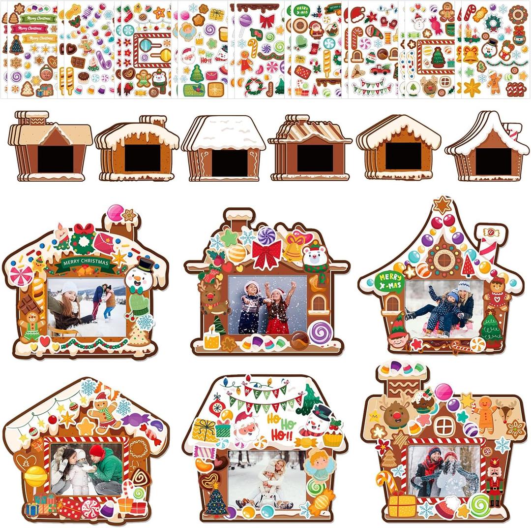 CIEOVO 24 Pack Christmas Picture Frame Ornaments, Xmas Craft Gingerbread Candy Photo Frame Hanging Ornaments and Christmas Stickers for Tree Craft Holiday Art Home Class Party Decorations