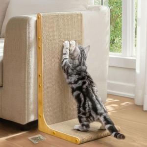 Conlun Cardboard Cat Scratcher, 23" L-Shaped Scratch Pad, Vertical Wall-Leaning Scratching Board to Protect Furniture for Indoor Cats, Wood Grain Large