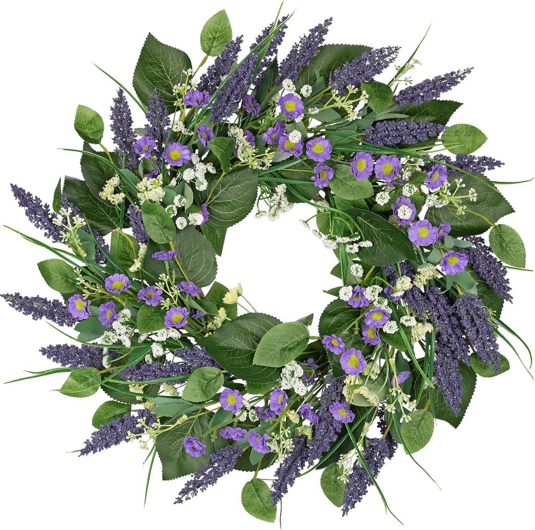 Lavender Wreaths for Front Door, Spring Summer Wreaths for Front Door 20 inch Artificial Farmhouse Wreath with Wildflowers Greenery Purple Floral Wreath for Indoor Outdoor Wall Window Decor