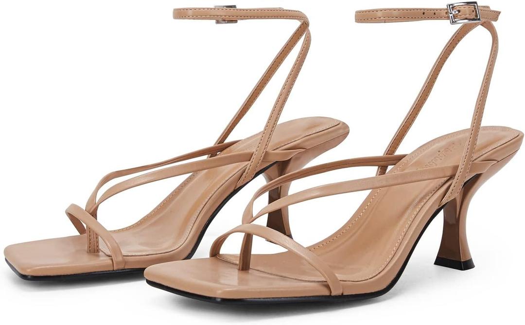 PiePieBuy Women's Lace Up Heeled Sandals Square Flip Flop High Heels Strappy Party Shoes (7.5, Camel)