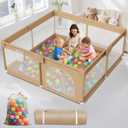 Large Baby Playpen 64x64 Inch Play Pen Playards,Playpen for Babies and Toddlers with 50 Ocean Balls-Sturdy Safety Baby Fence Play Area with Soft Breathable Mesh for Indoor & Outdoor,Khaki