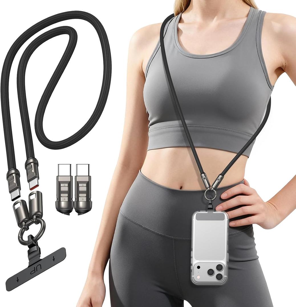 Phone Lanyard Crossbody USB C Cable, PD240W USB C to USB C Cables, Anti Theft Phone Strap Universal Cell Phone Neck lanyard for iPhone/Samsung/Android Phones(Black/3.93ft)