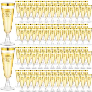 Zhehao 100 Pcs Plastic Gold Champagne Flutes Bulk 2026 New Years Eve Party Supplies 5 oz Disposable Wine Glass Gold Rim Champagne Glasses for New Years Eve Toasting Drinking Party