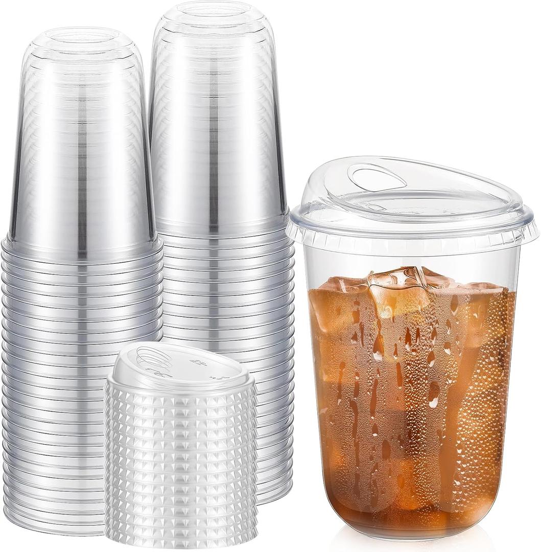 Ziliny 50 Pack 16 oz Clear Plastic Cups with Sip Lids & Straws, Disposable PET Crystal Iced Coffee Cups with Lids for Coffee Smoothie, Milkshake, Cold Drinks