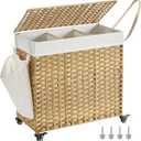 SONGMICS Laundry Hamper with Lid, 37 Gallons (140 L), Rolling Laundry Basket with Wheels, 3-Section Synthetic Rattan, Removable Liner, Bedroom, 26 x 13 x 26 Inches, Natural ULCB363N01