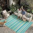 Outdoor Plastic Straw Rug Waterproof Patio 8x10 Teal Yellow Stripe Mat for Porch Camping RV Balcony Deck Courtyard Reversible Lightweight Durable Portable Carpet