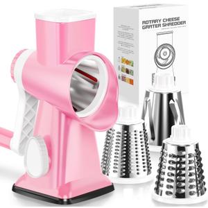 KEOUKE Rotary Cheese Grater Hand Crank Pink - Shredder Slicer Grinder 3 Stainless Steel Blades, Stable Suction, Labor-Saving Handle, Safe Kitchen Tool for Cheese, Vegetable, Nuts, Chocolate (3 IN 1)