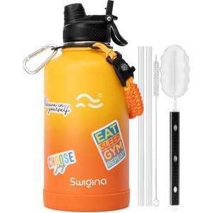 [2-IN-1 LID] 64 oz Insulated Water Bottle with Silicone Boot (48hrs Cold/24hrs Hot) - DIY Stickers, Leakproof, BPA Free, Half Gallon (Yellowish Orange)