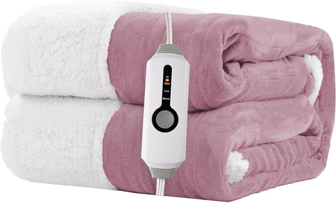 RALYSUN Electric Heated Blanket Throw Size 50"x60" - Dual-Sided with Microplush & Sherpa Fabric, 4 Heat Settings & 3 Hours Auto Off, Machine Washable - Berry