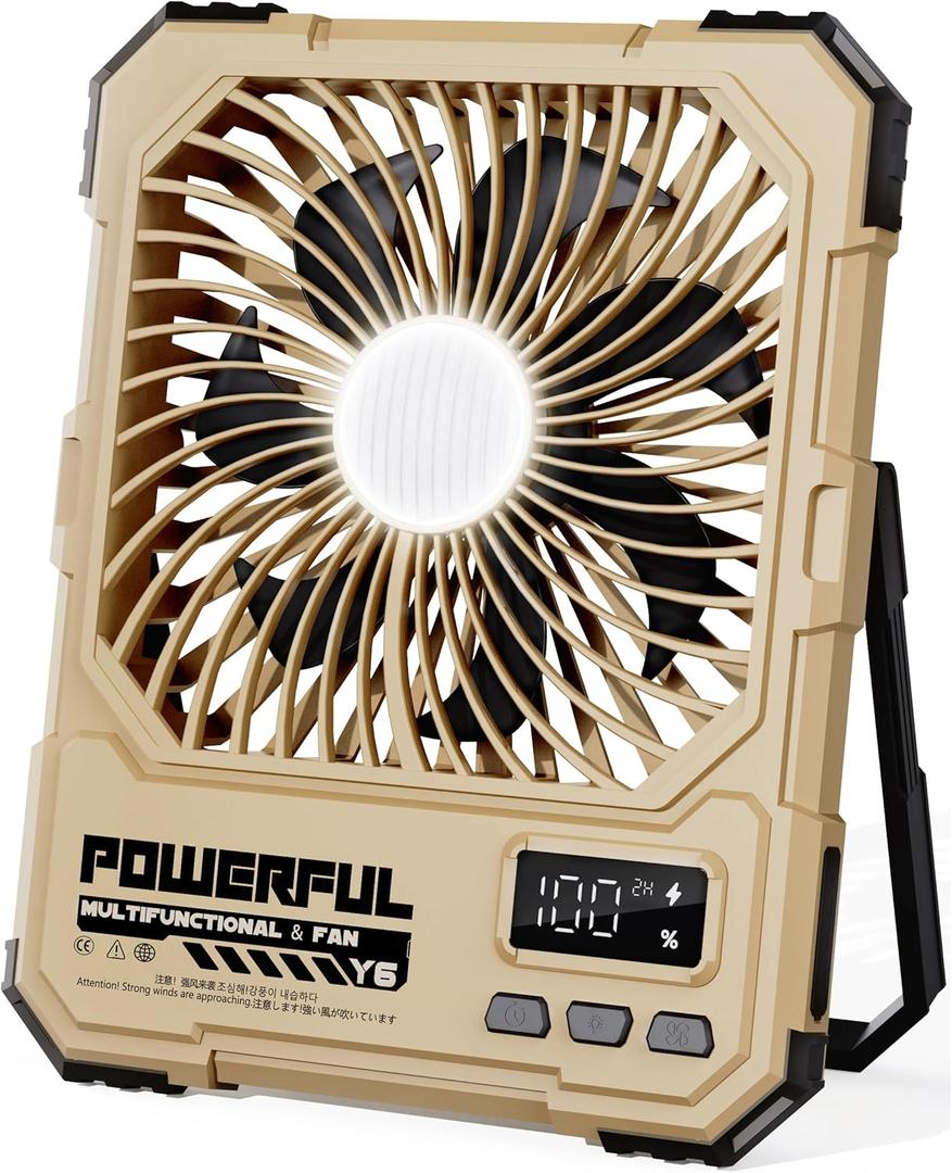 Portable Fan, Camping Fan, 20000mAh 6-Inch 18-85H Rechargeable Ultra Thin Foldable with Built-in Power Bank, LED Light, Remote Control, Hook for Outdoor Camping Tent RV Travel (Khaki)