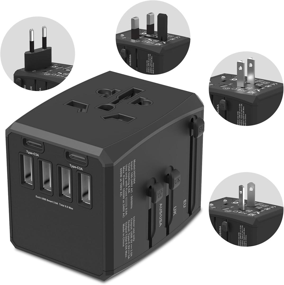 2 x Universal Travel Adapter, 6-Port 6.0A 30W International Power Adapter with 4 USB-A, 2 USB-C Ports & 1 AC Outlet, European Travel Plug Adapter Travel Essentials(Type C/G/A/I)