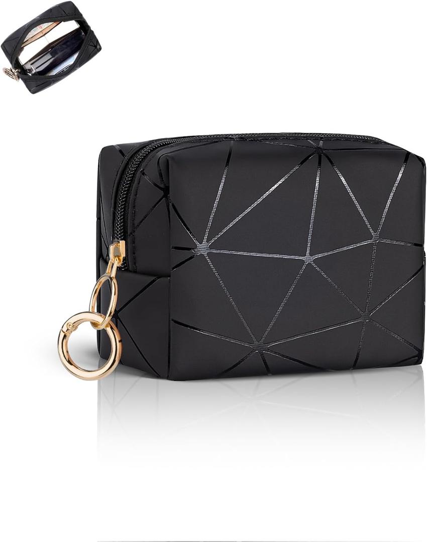 Mini Makeup Bag, Small Cosmetic Bag for Purse with Ring Buckle, Portable XS Travel Makeup Pouch for Girls Women Daily Use (Black)