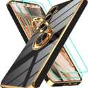 Gritup for Samsung Galaxy S24 Case: with 2Pcs Screen Protector, 360 Rotation Ring Holder Magnetic Kickstand Plating Gold Edge Soft TPU Shockproof Protective Cover for S24, Black