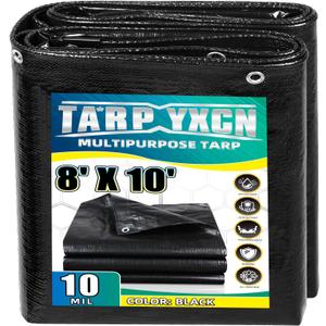 Black Tarp 8x10 Feet, 10 Mil Thick Waterproof Poly Tarps Cover UV Resistant, Rip & Tear Proof with Metal Grommets Every 20 Inches