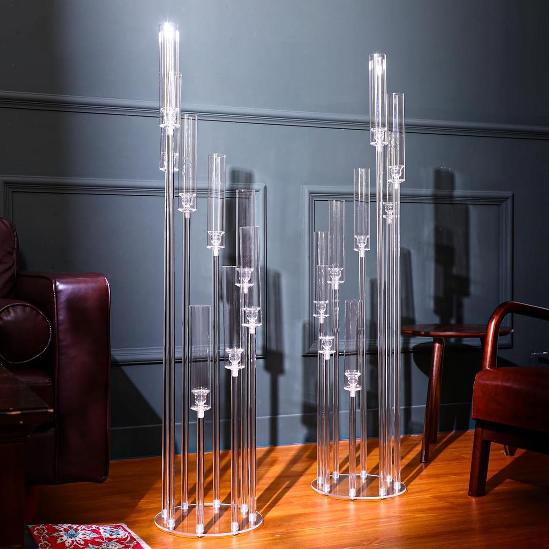 Vesici 2 Pcs 8 Arm Acrylic Candelabra Centerpieces for Tables 49.6 x 11 Inch Candlesticks Holder Clear Acrylic Candle Holder for Wedding Ceremony Floor Home Dinner Party, Fit 0.8" LED Candle
