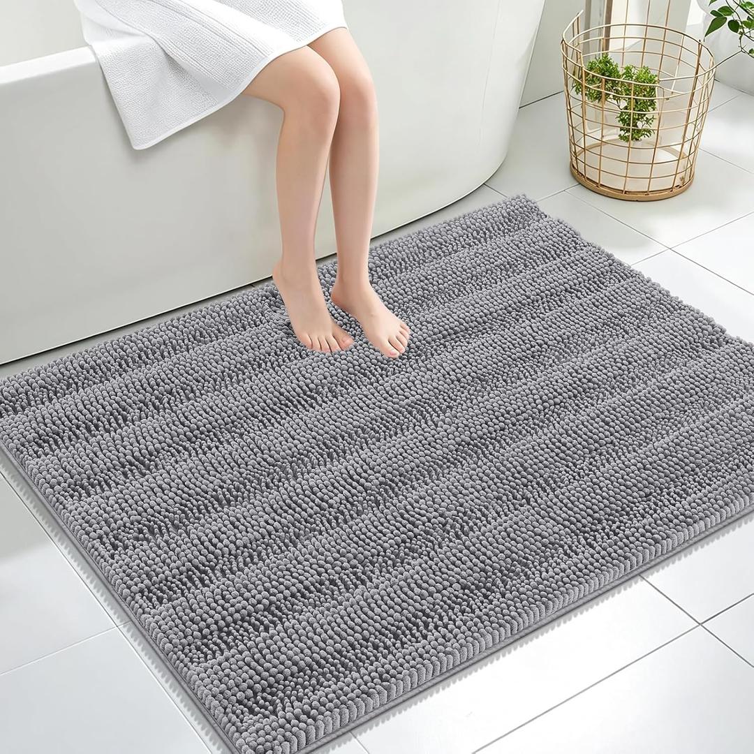 OLANLY Thick Large Bathroom Rugs 40x32, Extra Soft Absorbent Chenille Striped Bath Rugs, Rubber Backing, Machine Wash Dry, Bath Mats for Bathroom Floor, Tub and Shower, Home Decor Accessories, Grey