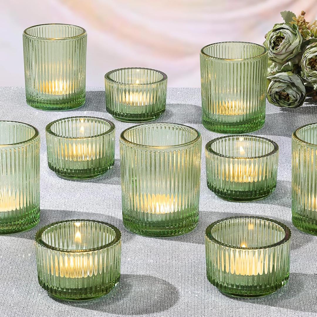 NITIME 10pcs Ribbed Green Votive Candle Holders for Wedding Table Decor, Assorted Tea Light Candle Holder Glass, Green Candle Holders for Table Centerpieces, Birthday and Tea Party Decorations