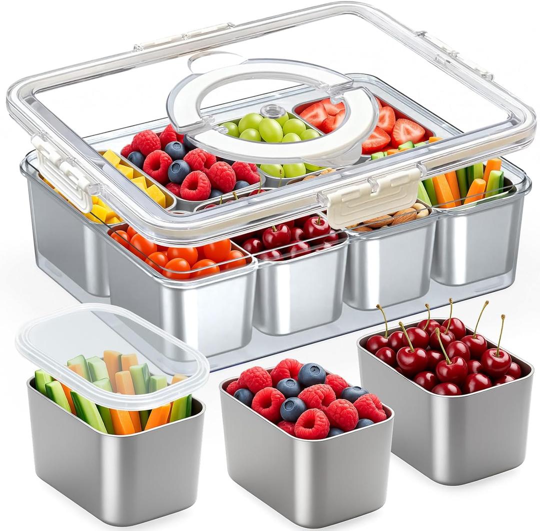 Stainless Steel Snackle Box Container - Reusable 8 Compartment Divided Serving Tray with Lid and Handle, Clear Portable Snack Containers Platters Storage Organizer for Snacks Fruit Candy Veggie Nuts