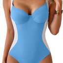 B2prity Bathing Suit for Women Slimming Push Up One Piece Swimsuit Lace Up Back Color Block Swimwear (Medium, Light Blue, White)