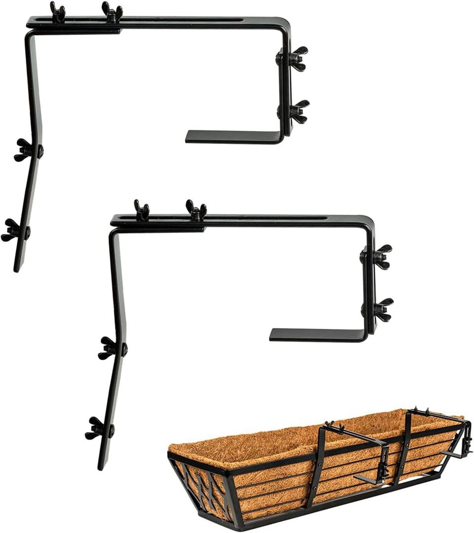 2 x 2 Pack Metal Adjustable Brackets for Window Boxes Heavy Duty Iron Bracket for Deck Railing Planters Box - Black