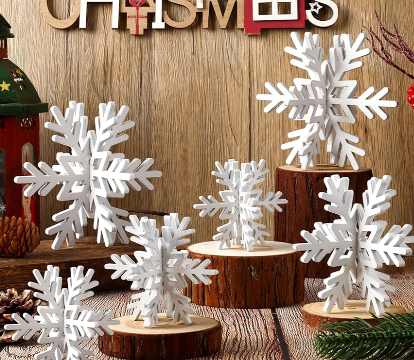 Bucherry 12 Pcs Wooden Snowflake Table Decor 3D Snowflake Tabletop Signs and Centerpiece for Christmas Xmas Winter Wonderland Decorations Home Party(White)
