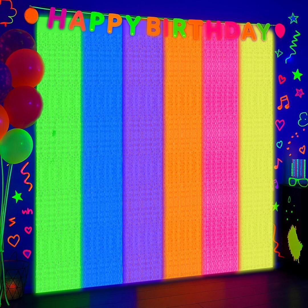 4 Pack Glow in The Dark Wavy Foil Fringe Curtain UV Black Light Neon Party Decor 3.3x6.6ft Backdrop Tinsel Streamer for Halloween Neon Birthday Supplies Prop (Multicolor)