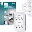Philips 6-Outlet Extender Surge Protector, 900 Joules, 3 Prong, Space-Saving Design, Protected Indicator LED Light, 4 Pack, White, SPP3469WA/37