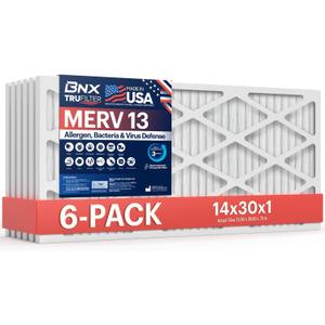 BNX TruFilter 14x30x1 Air Filter MERV 13 (6-Pack) - MADE IN USA - Electrostatic Pleated Air Conditioner HVAC AC Furnace Filters for Allergies, Pollen, Mold, Bacteria, Smoke, Allergen, MPR 1900 FPR 10