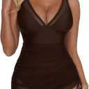 SUUKSESS Women Mesh One Piece Swim Dress Swimsuit Tummy Control Bathing Suit (Brown, XL)