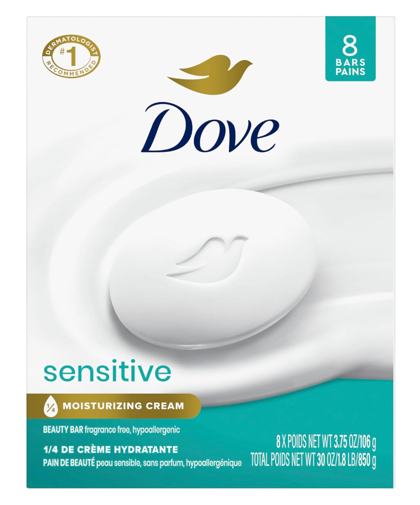 Dove Beauty Bar Soap Sensitive, 6 Bars for Sensitive Skin, Fragrance Free and Hypoallergenic 3.75 oz