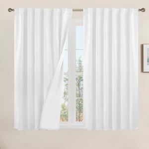 LAMIT White Linen Textured Blackout Curtains 54 Inches for Bedroom, Thermal Farmhouse Curtains Back Tab and Rod Pocket Privacy Protected Burlap Panels with White Liner, 2 Panels, 52 x 54 Inch