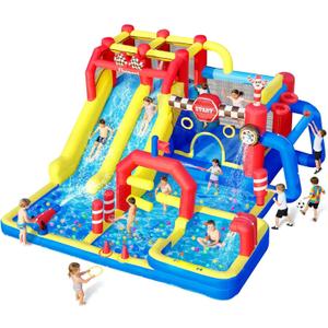 FBSPORT Inflatable Water Slide Bounce House with 750W Blower, 12 in 1 Waterslide Park with Double Water Slide, Splash Pool, Jumping, Climbing Wall, Bouncy Castle for Indoor Outdoor